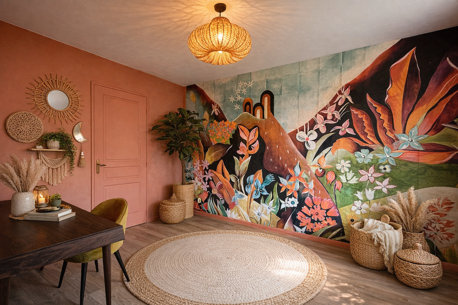 Décoration d'un cabinet privé avec papier peint panoramique et ambiance colorée à Angers